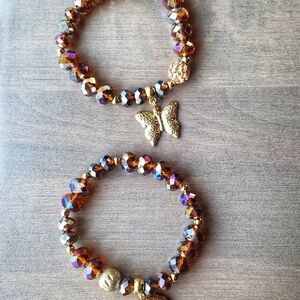 Gold and Brown Beaded Butterfly Charm Bracelet
